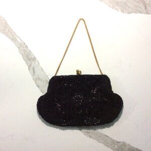 Authentic Walborg Vintage Black Hand-Beaded Bag with Gold-Tone Chain Handle